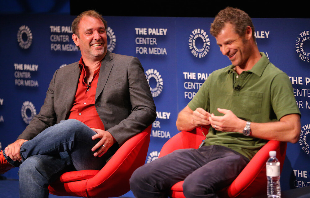 Creators Trey Parker (L) and Matt Stone speak onstage during a Q&A at a retrospective event honoring 20 seasons of 'South Park' at The Paley Center for Media on September 1, 2016 in Beverly Hills, California