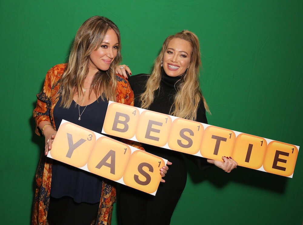 Haylie Duff (L) and Hilary Duff attend the Launch of Words with Friends 2 hosted by Hilary and Haylie Duff at Norah Restaurant on November 9, 2017 in West Hollywood, California