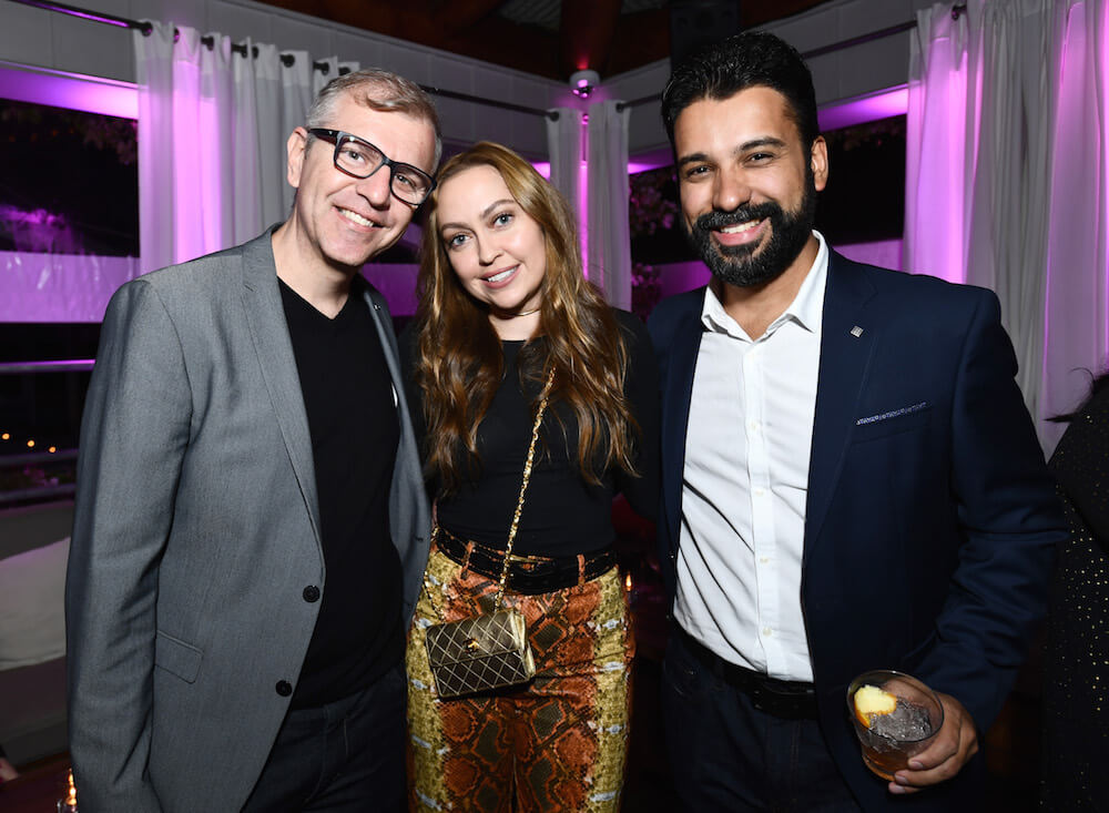 (L-R) Co-Founder & CMO, Flirtar, Glauter Jannuzzi, Actor Brandi Cyrus and Senior Program Manager, Flirtar, Anderson Gobbi at Flirtar Launch Party, The World's First Augmented Reality Dating App at SkyBar at the Mondrian Los Angeles on November 14, 2017 in West Hollywood, California