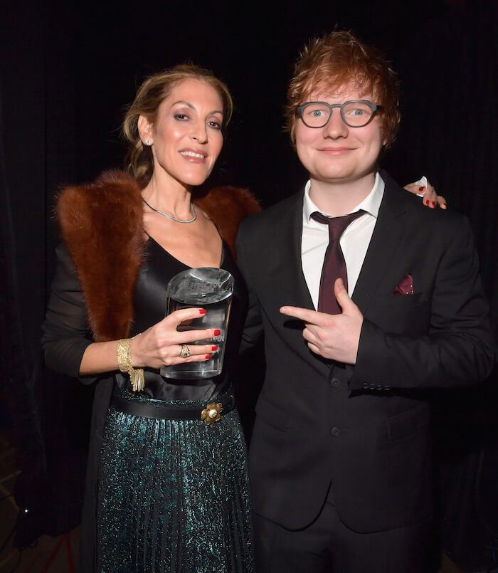 Honoree Julie Greenwald (L), recipient of the Executive of the Year Award, and Ed Sheeran attend Billboard Women In Music 2017 at The Ray Dolby Ballroom on November 30, 2017 in Hollywood, California