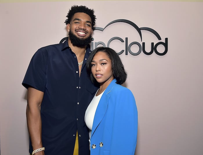 (L-R) Karl-Anthony Towns and Jordyn Woods attend the Coin Cloud Cocktail Party, hosted by artist and actor Common, at Sunset Tower Hotel on June 15, 2021 in Los Angeles, California