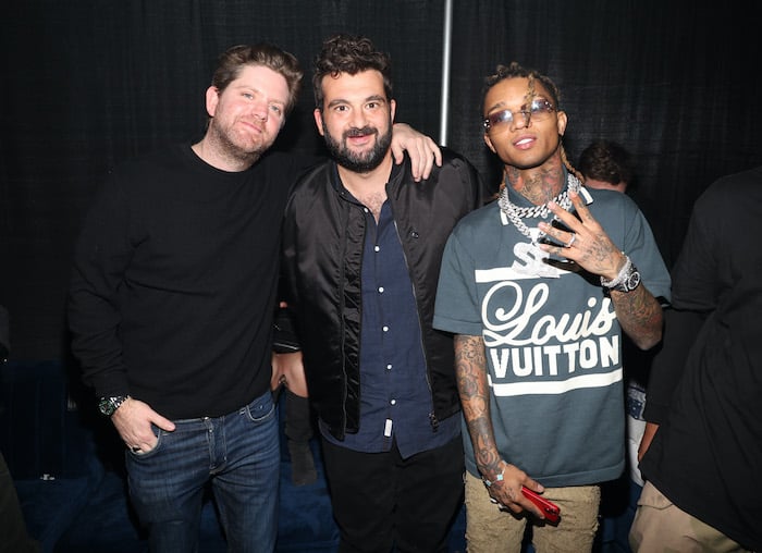 Jonathan Schwartz, Zach Iser and Swae Lee attend Tao X Maxim Big Game Party:  An unKommon events Production at Southwest Jet Center on February 11, 2023 in Scottsdale, Arizona